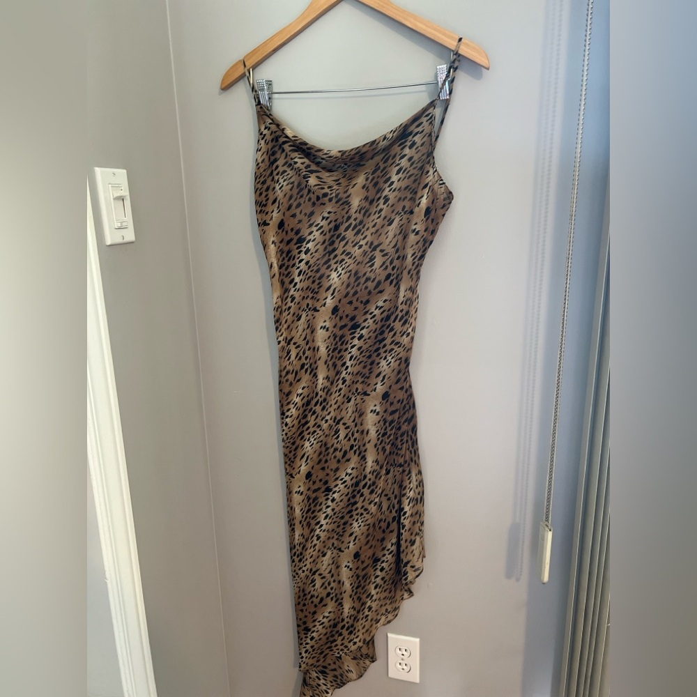 La Vie En Rose Leopard Print Asymmetrical Slip Dress L